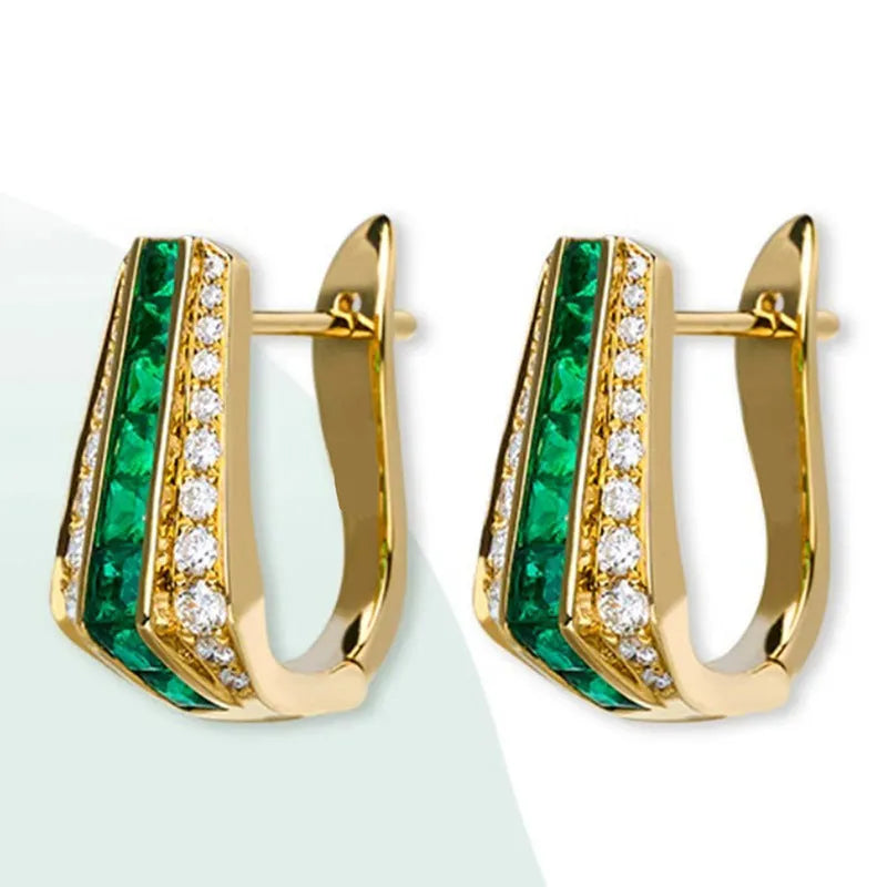 Yellow gold clip-on earrings with round and triangle faux emerald and zircon stones on copper