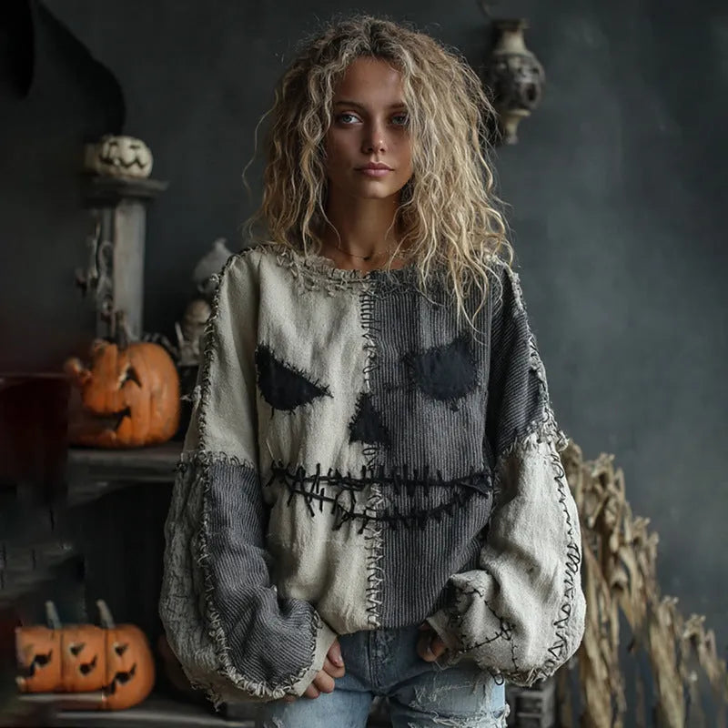 Women's digital print pullover sweater with 3D effect pattern, round neck, loose fit, long sleeves, in polyester fabric