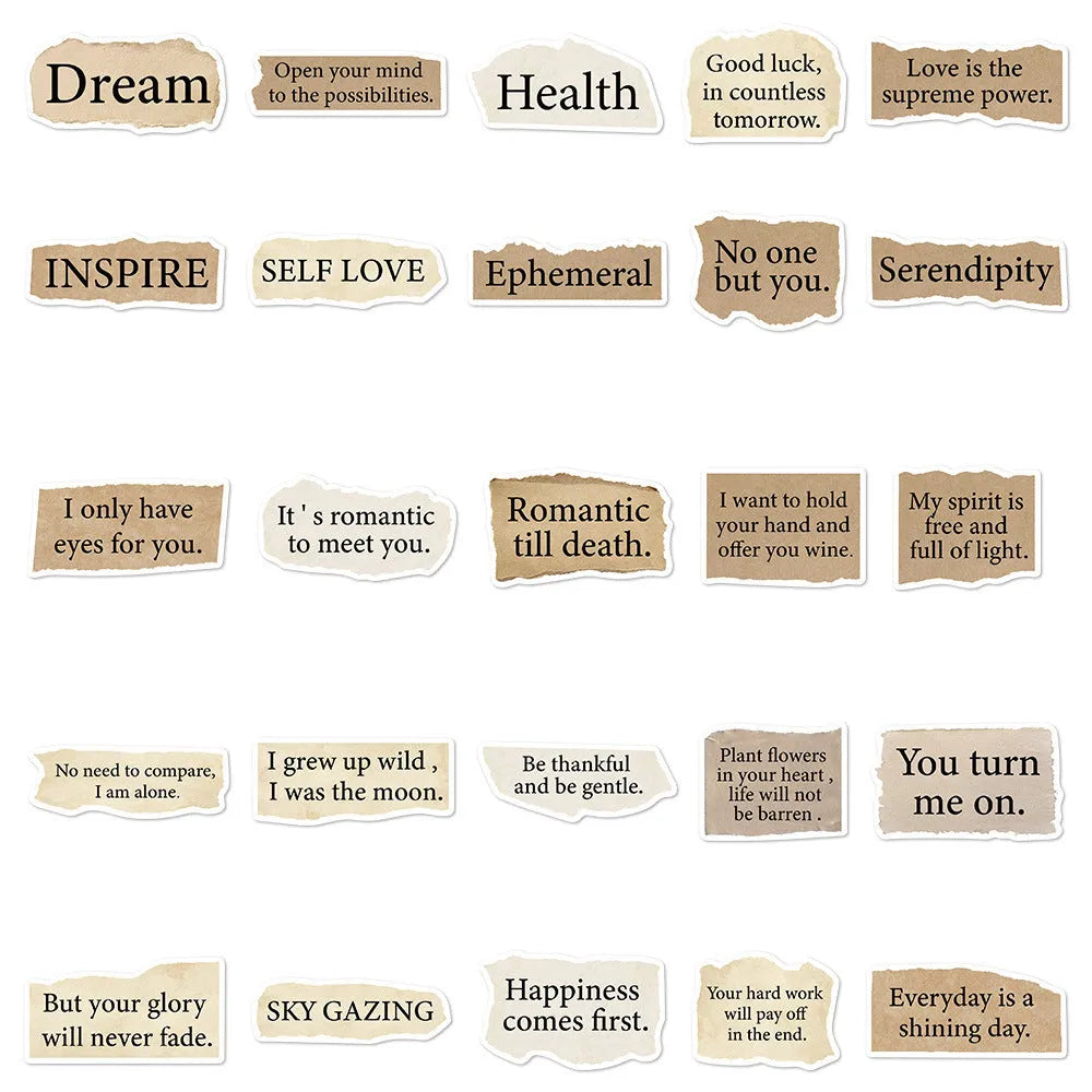 Pack of 25 torn English design decorative stickers for laptops and notebooks.