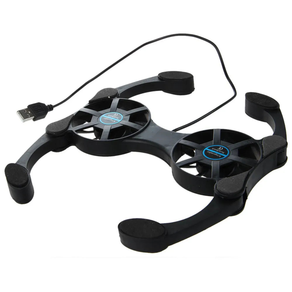 Portable folding black laptop cooling pad with dual 70mm fans and anti-slip surface