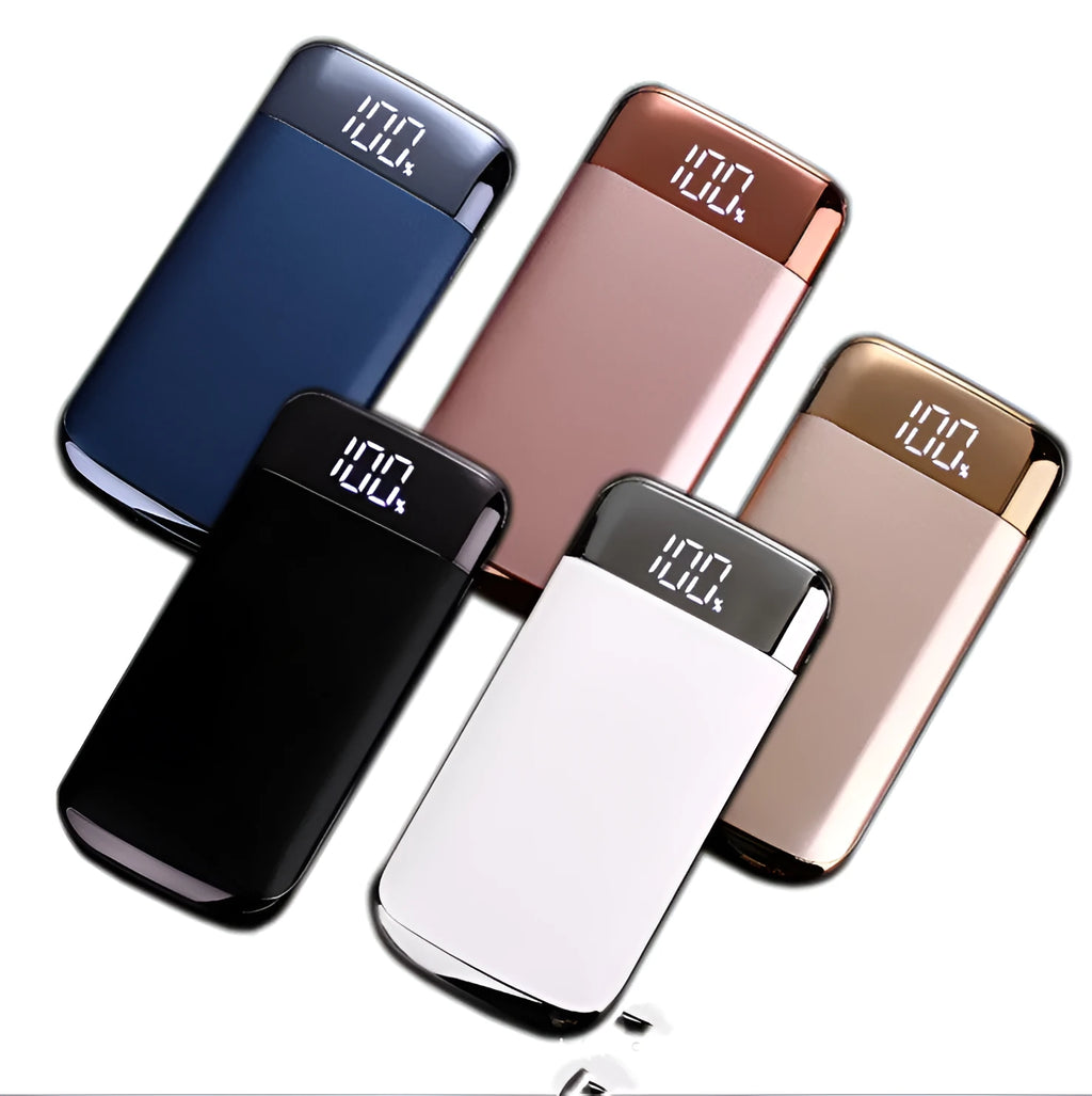 Square aluminium alloy power bank with digital display and multiple USB ports, shown in colour options.