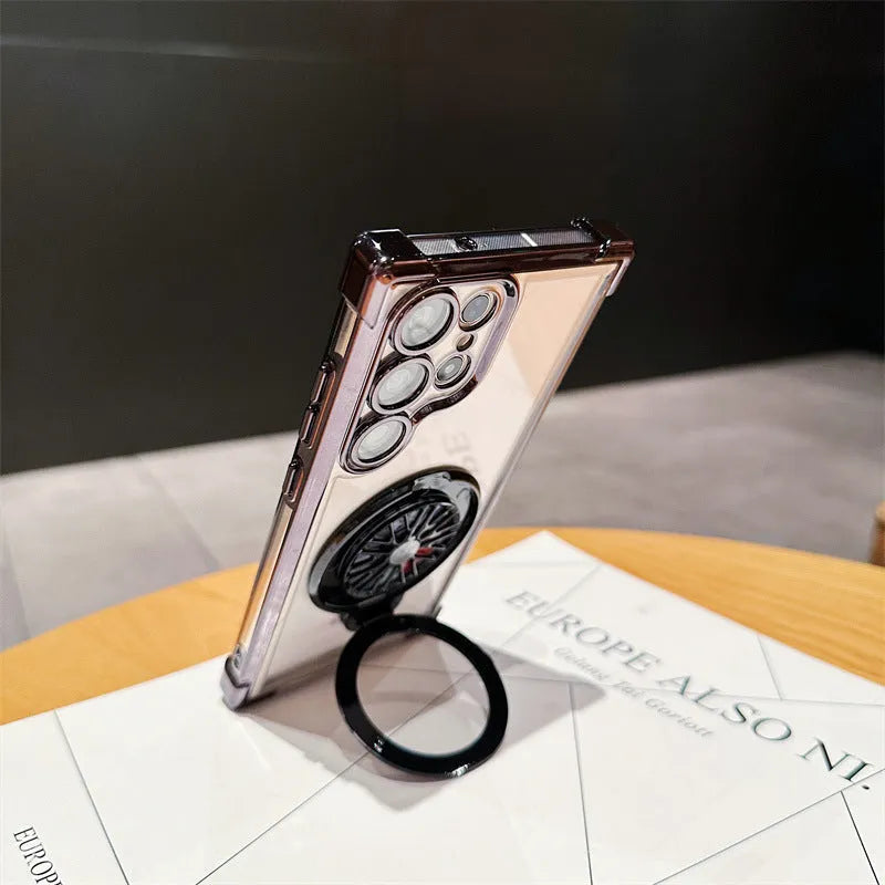 Samsung S23 phone case electroplated cool black with rotating gyro bracket and magnetic suction back