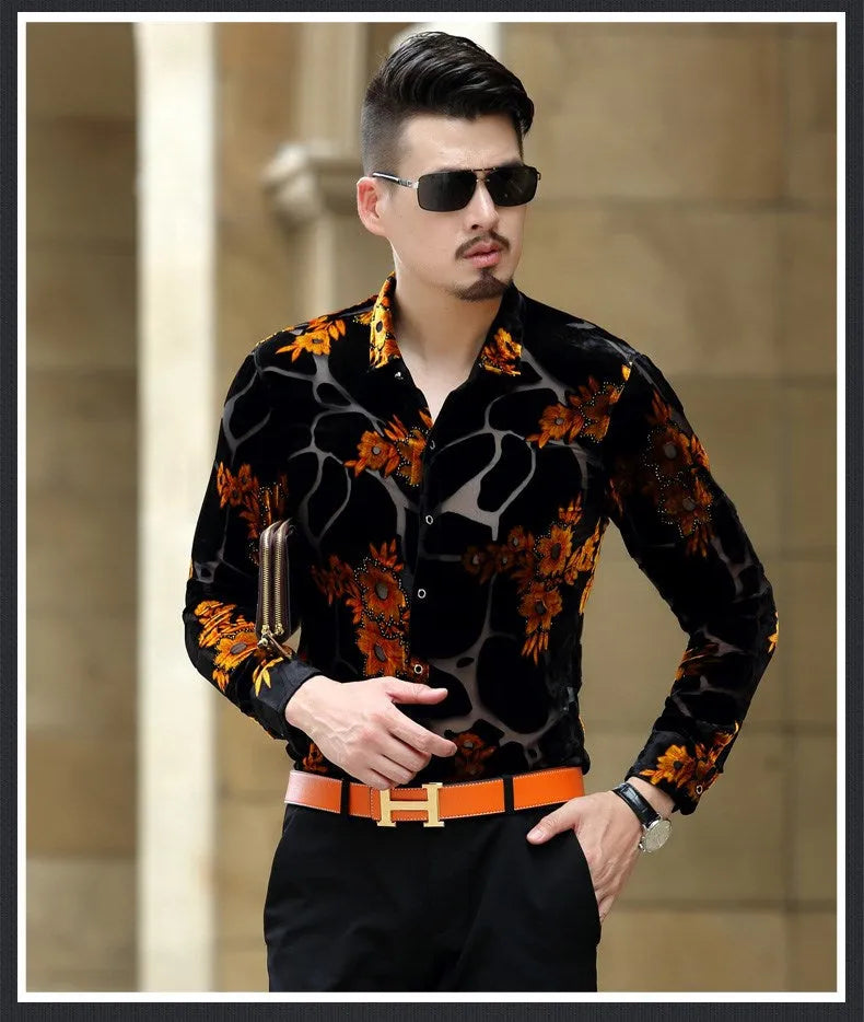 Men's slim fit long sleeve silk shirt in blue with loose floral pattern, front view