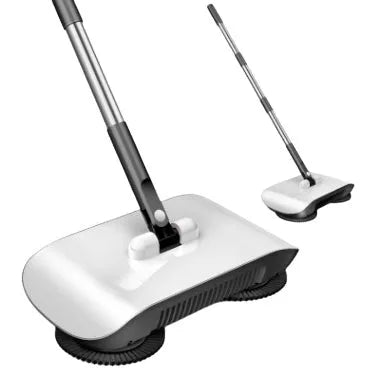 Pink hand push sweeper all-in-one broom dustpan mop with 360-degree brush on tile floor