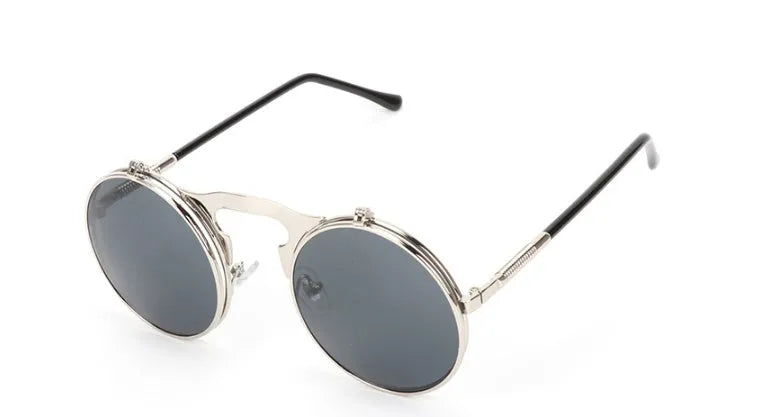 Vintage round steampunk flip-up sunglasses with metal frame, available in multiple colours