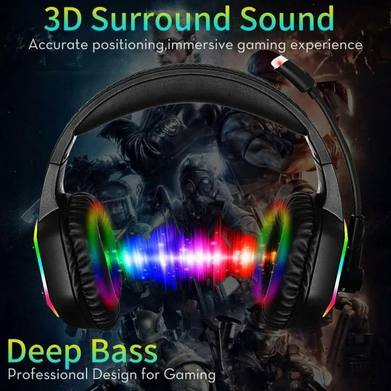 Black RGB gaming headset with soft PU leather earmuffs and 3.5mm USB cable