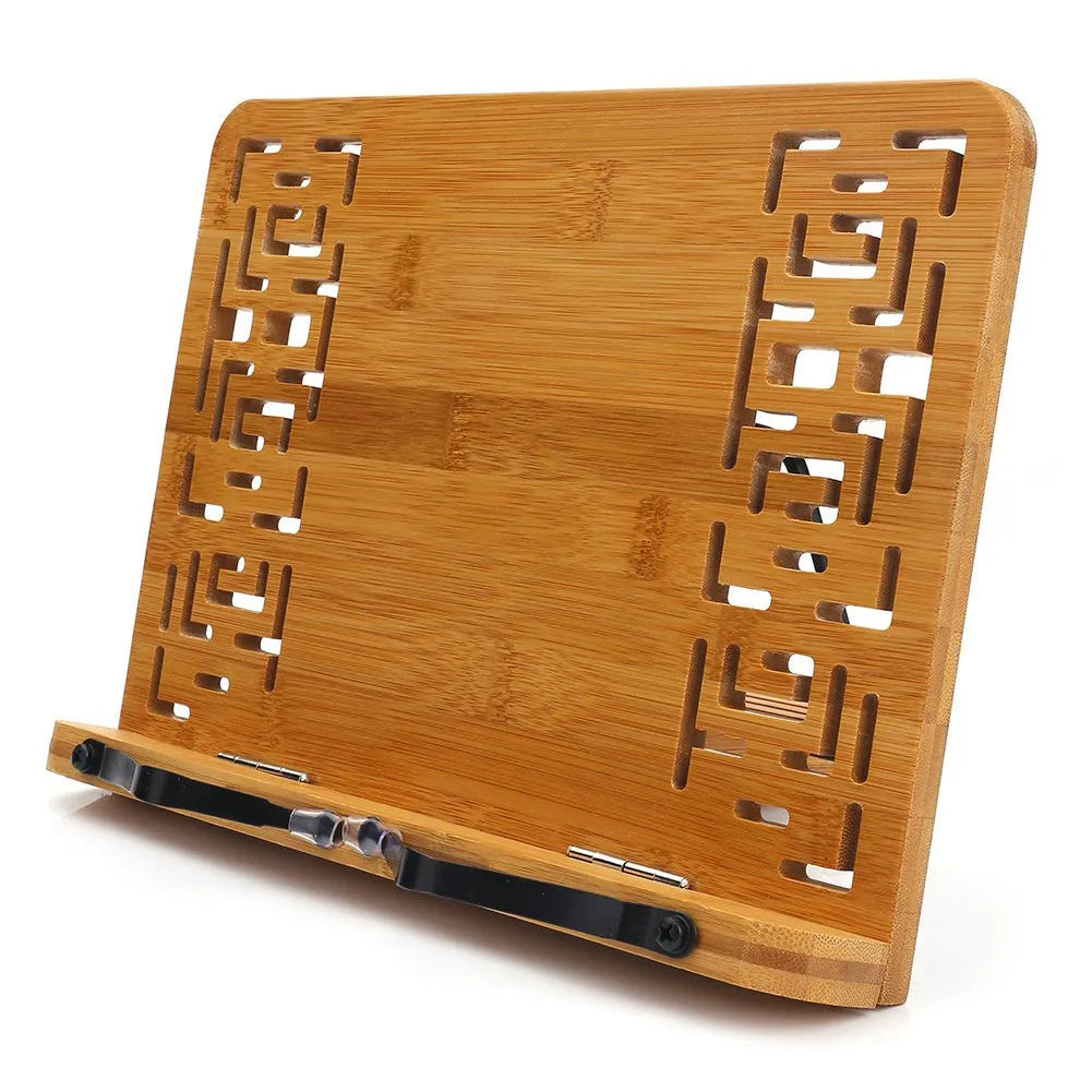 Solid wood bamboo hollow reading frame in glossy white or natural finish, sizes S M L, holding a copybook on a desk.
