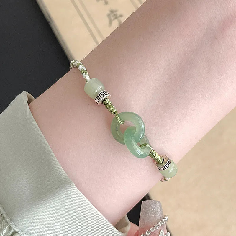 Green copper women's bracelet with peace buckle, jade double rings and animal zodiac ethnic design