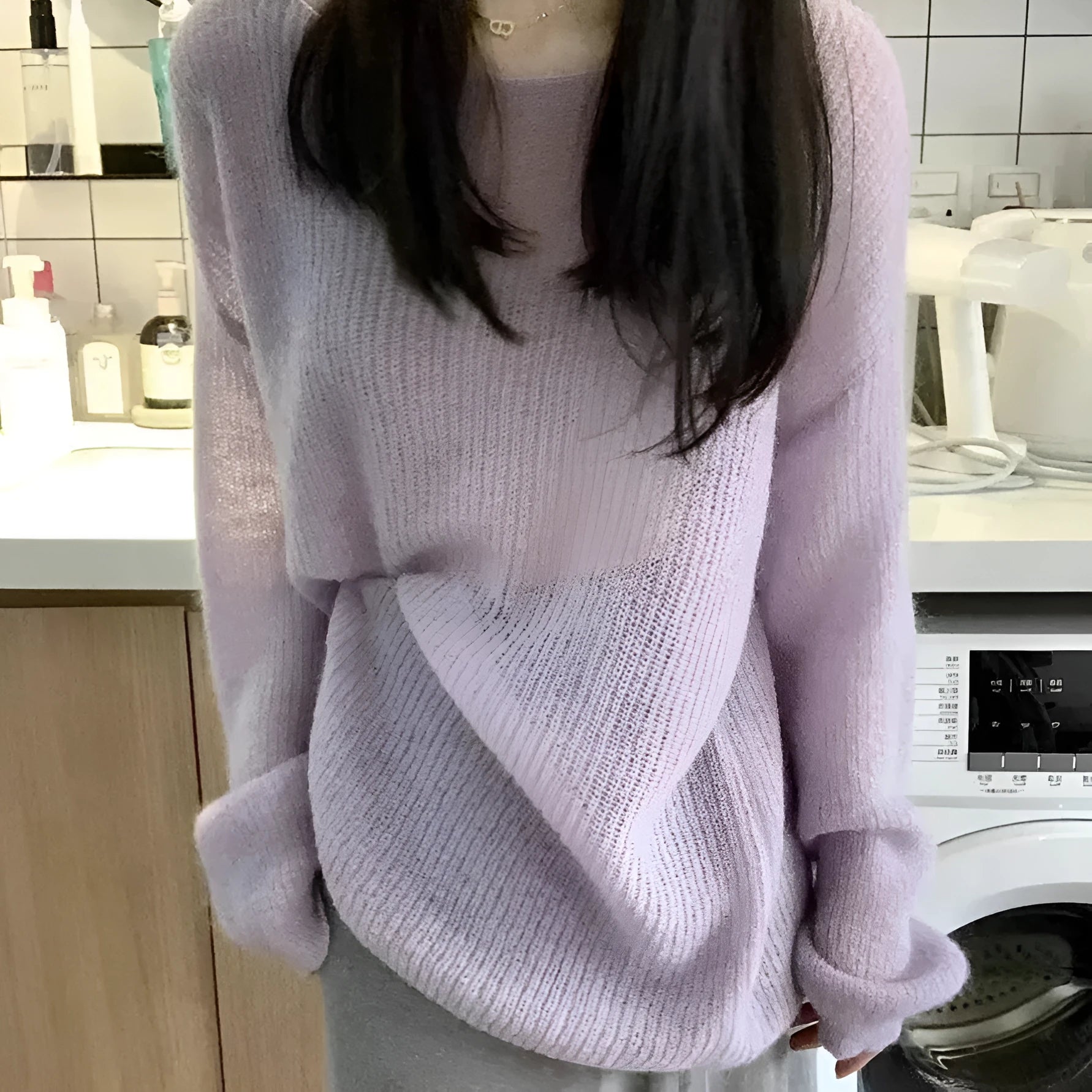 Purple women's hollow out blouse with princess sleeves, made from Ice Silk fabric.