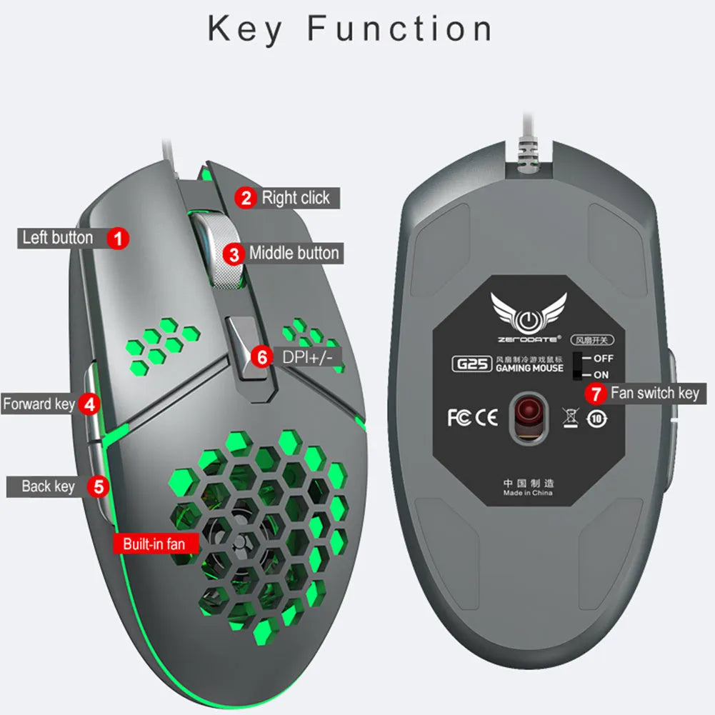 Wired gaming mouse with cooling holes, braided USB cable, 6 keys, DPI button, black colour
