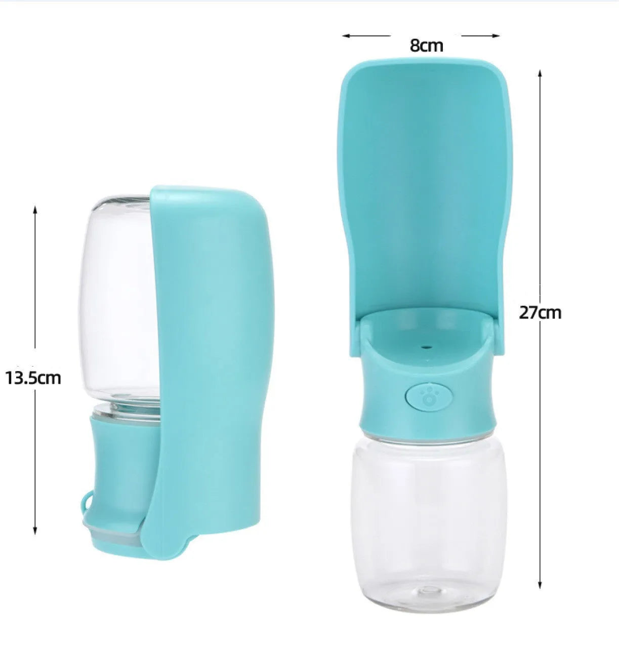 Foldable dog water bottle with dispenser in blue, pink or white colours showing collapsed and expanded states