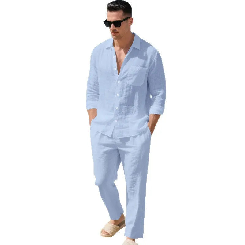 Beach Leisure linen blend casual shirt and pants set in khaki, loose collar long sleeves, autumn wear