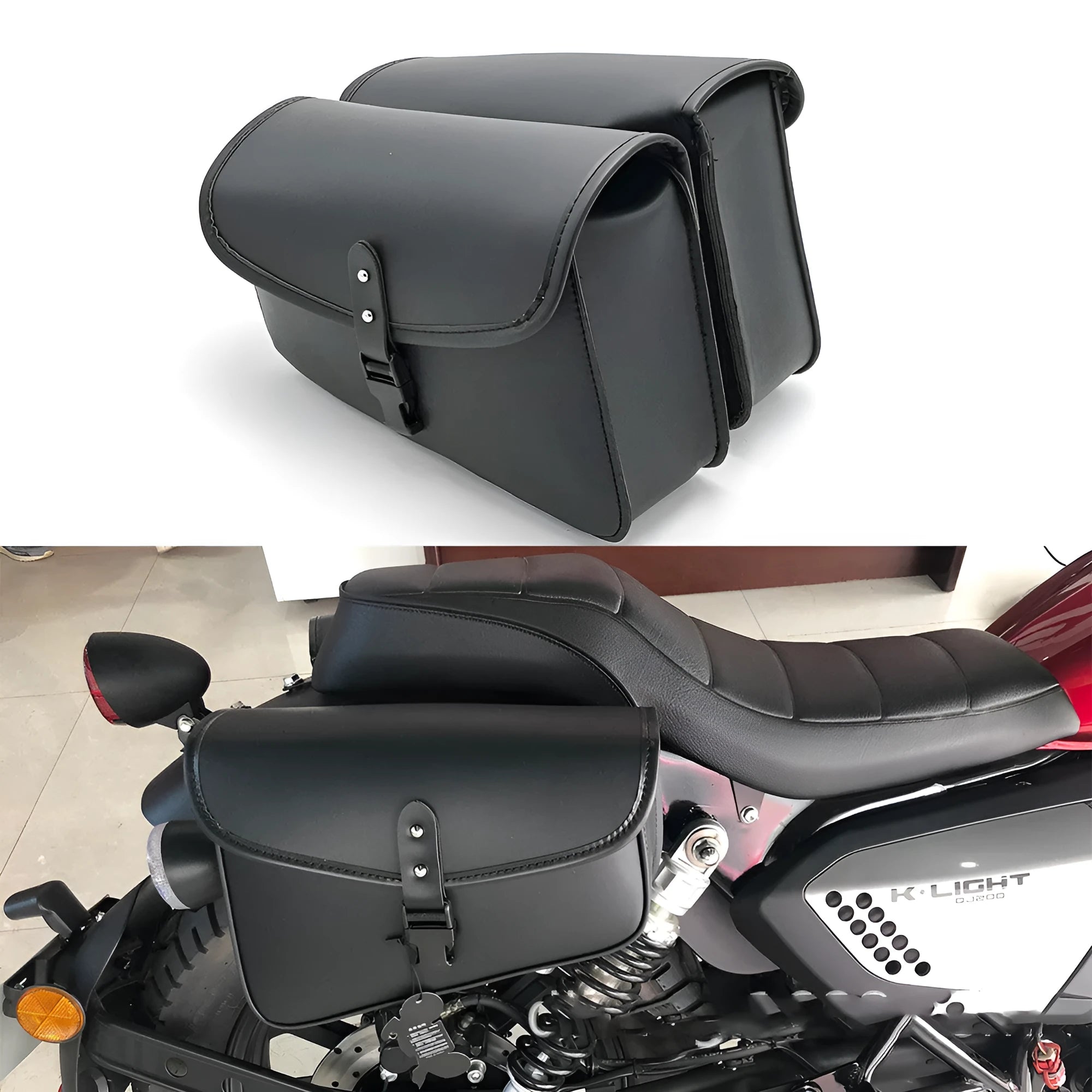 Black PU leather motorcycle swingarm saddlebag mounted on Sportster showing 30cm length dimensions