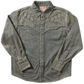 Aqua blue denim shirt with embroidered geometric pattern and western style detailing