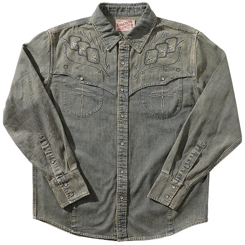 Aqua blue denim shirt with embroidered geometric pattern and western style detailing