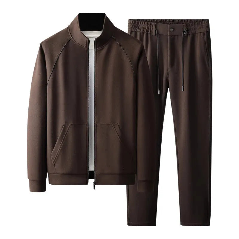 Stand collar casual sports suit set in Vinylon fabric, showing coat and trousers in slim Asian fit.