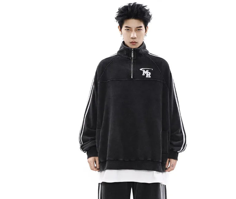 Black retro stand collar polyester hoodie coat for men and women on a hanger.