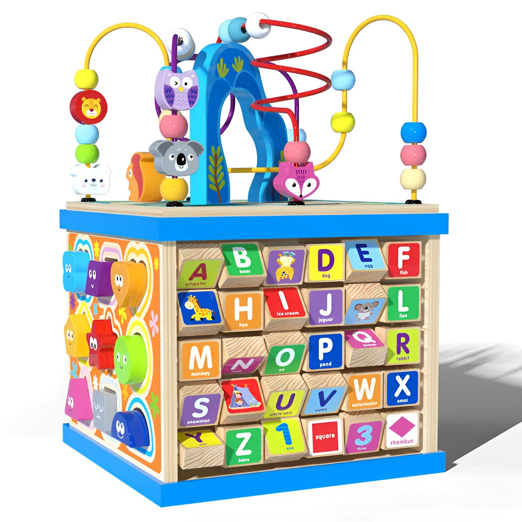 Blue wooden bead treasure box toy with four multifunctional play scenes for children aged 3+