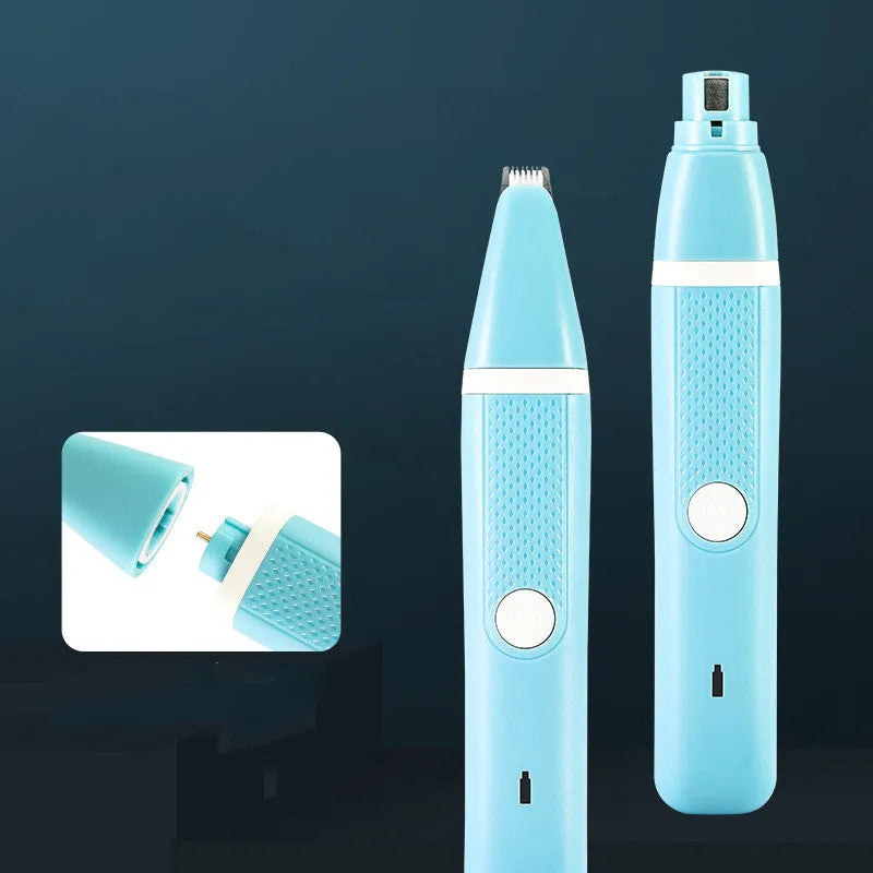Pet nail polisher and hair trimmer dual-purpose tool in blue, with USB cable and accessories on white background