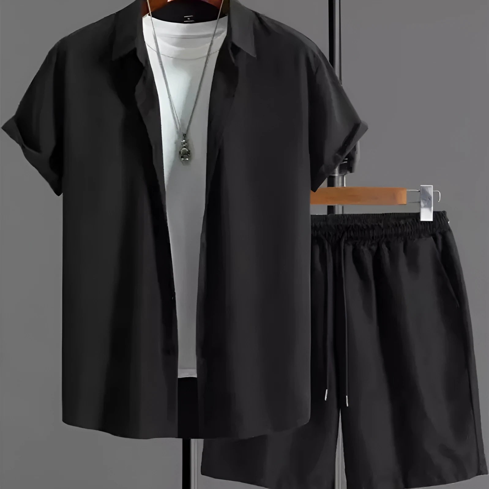 Men's beige short-sleeve jacket and shorts casual summer suit set on a hanger.