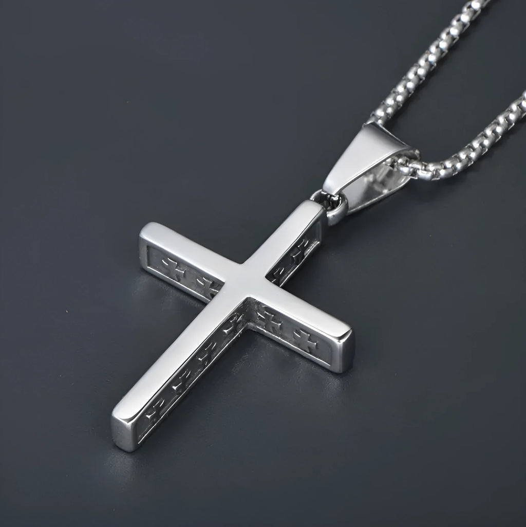 Titanium steel religious necklace with bowknot alloy pendant and pearl chain, adjustable 51-80cm, unisex