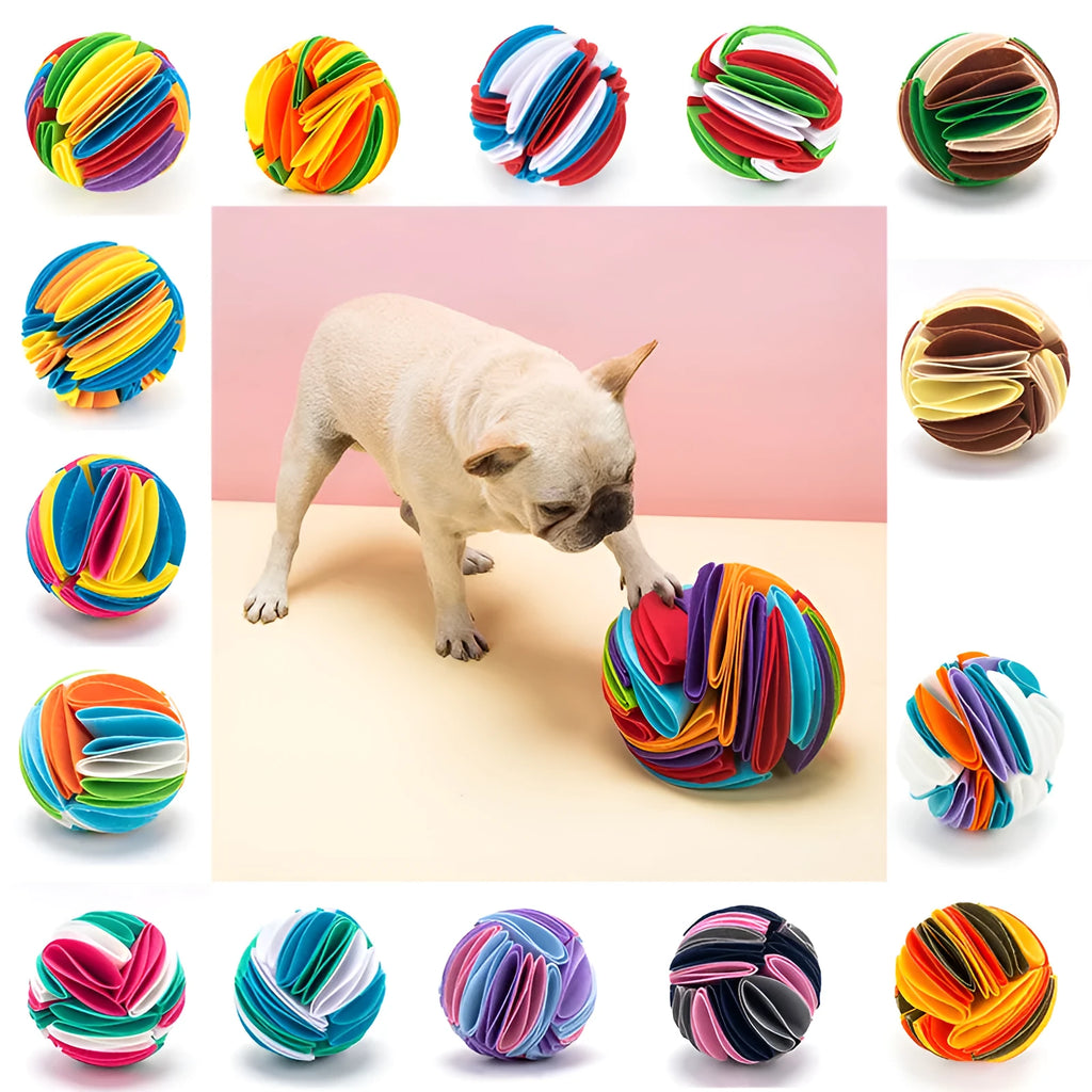 Foldable polar fleece dog snuffle ball in beige brown with deep folds for hiding treats
