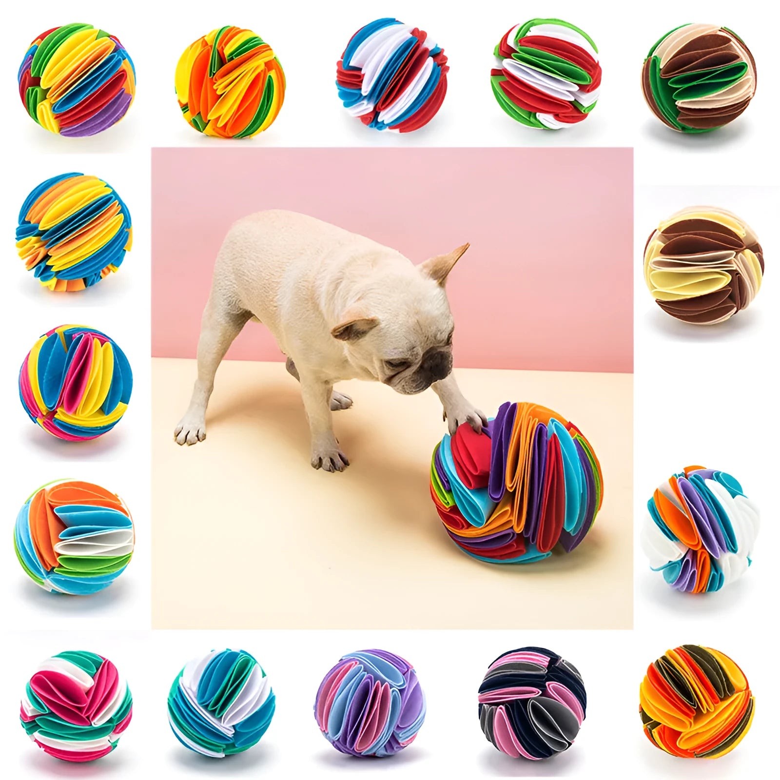 Foldable polar fleece dog snuffle ball in beige brown with deep folds for hiding treats