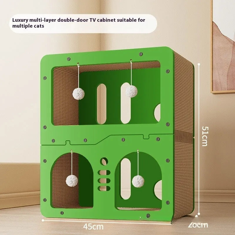 Wear-resistant cat scratching board attached to a double-layer enclosed cat nest in a cute owl design style.