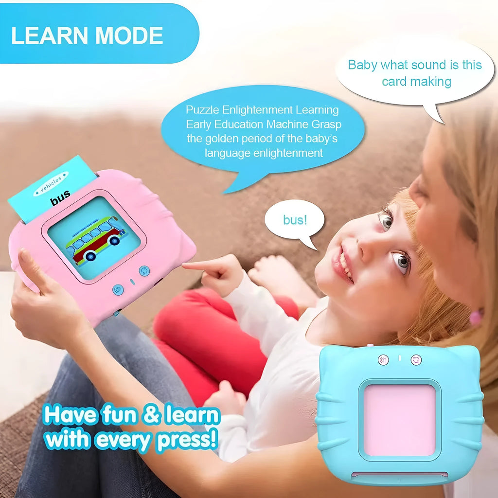 Children's English learning machine with audio book cards showing blue colour and educational interface