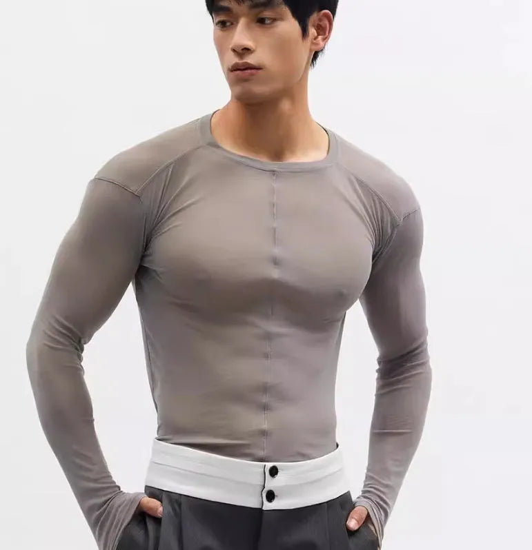Black mesh see-through slim-fit long sleeve pullover on a hanger.