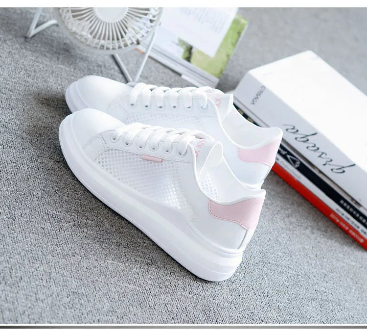 Women's casual mesh breathable sneakers, lightweight lace-up with rubber sole, available in black, light blue, pink