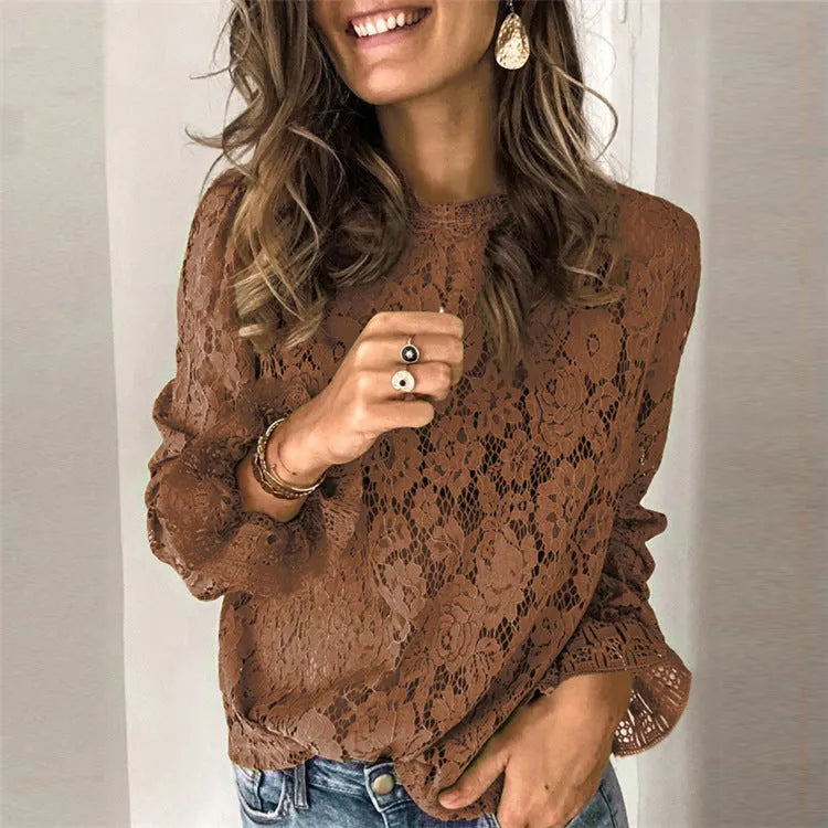 Loose women's lace shirt with hollow design and long sleeves in multiple colour options