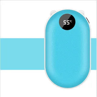 Rechargeable mini hand warmer power bank with digital display in various colours including rose gold and blue