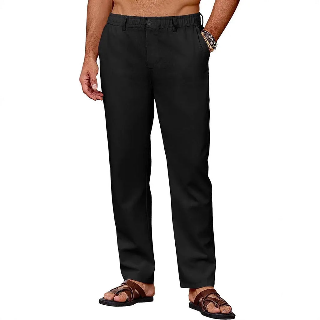 Men's casual straight leg drawstring pants in polyester with slight stretch, full length, low waist, spring trousers