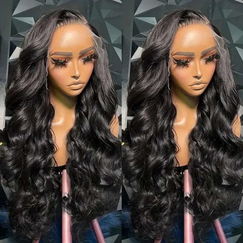 Black synthetic long wave wig with lace front on a mannequin head, showing pre-plucked hairline
