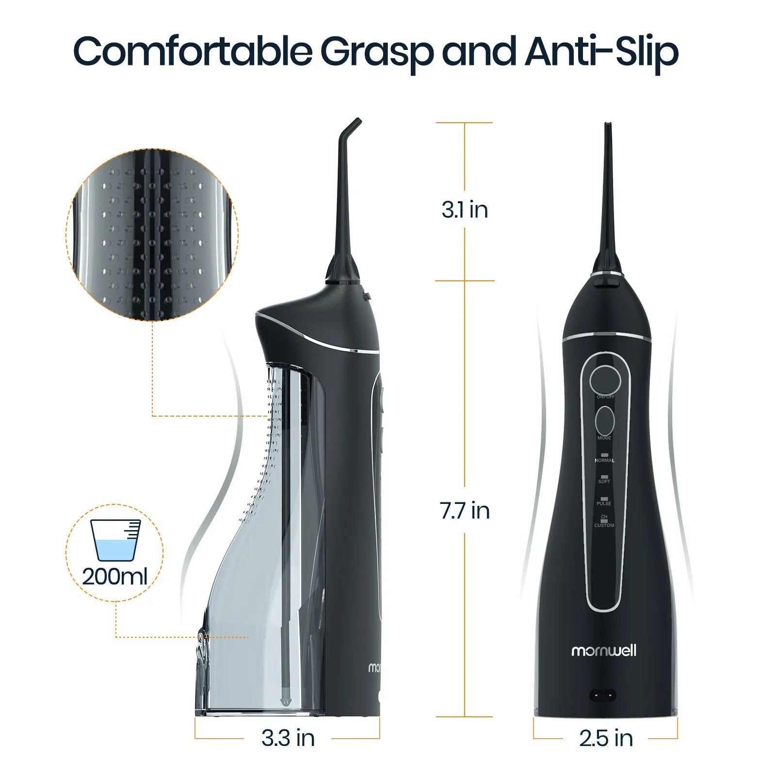 Black portable oral irrigator water flosser with water tank and nozzle for dental cleaning