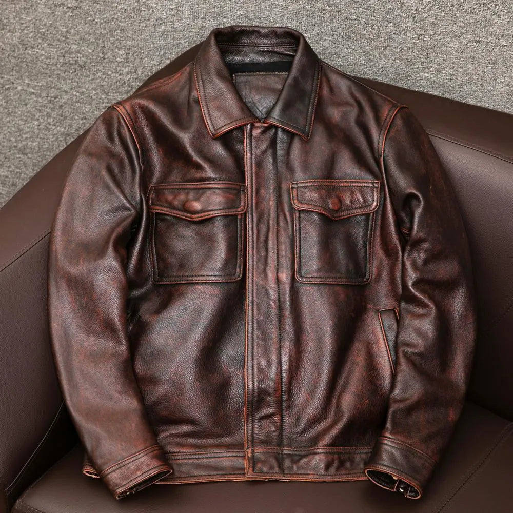 Men's plus size lapel leather jacket in black or brown with side pockets