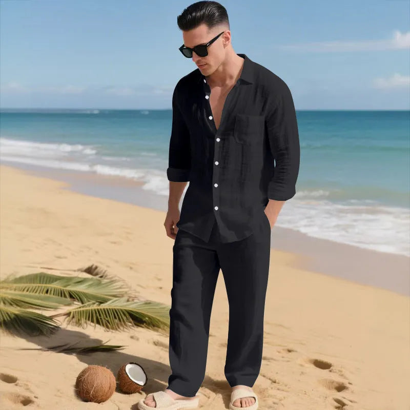Beach Leisure linen blend casual shirt and pants set in khaki, loose collar long sleeves, autumn wear