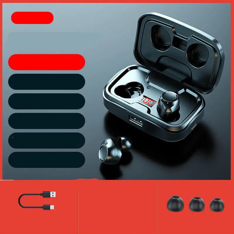 Black wireless Bluetooth in-ear earphones with private mould design shown alongside red and blue colour options.