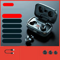 Black wireless Bluetooth in-ear earphones with private mould design shown alongside red and blue colour options.