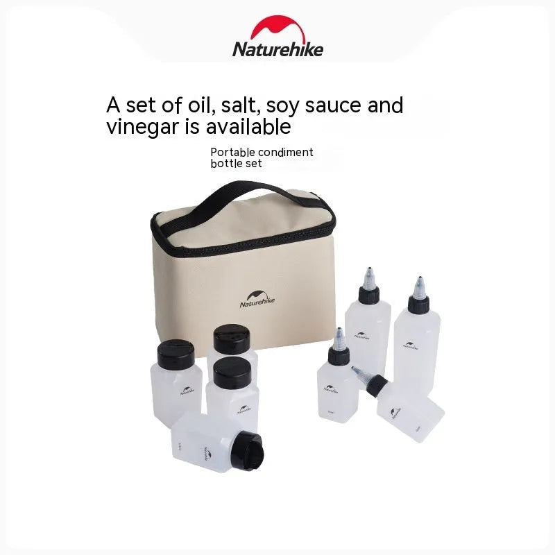 Naturehike six-piece set of simple white portable plastic seasoning bottles for outdoor use.