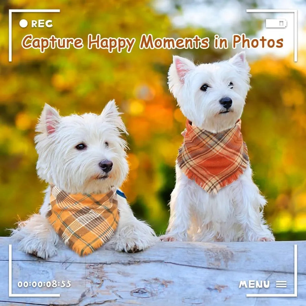 Plaid triangle dog bandana with tassels in autumn colours like orange and brown