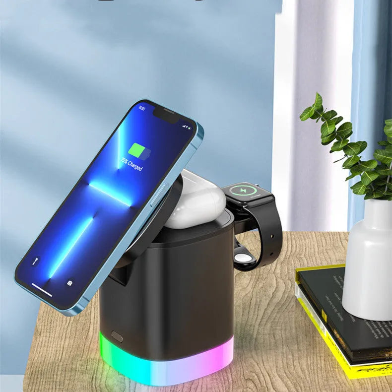 Black and white foldable 3-in-1 magnetic wireless fast charging station for phone, watch and earbuds.