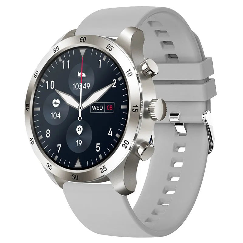 Black Bluetooth smart watch with stainless steel strap on a wrist, displaying time and heart rate.