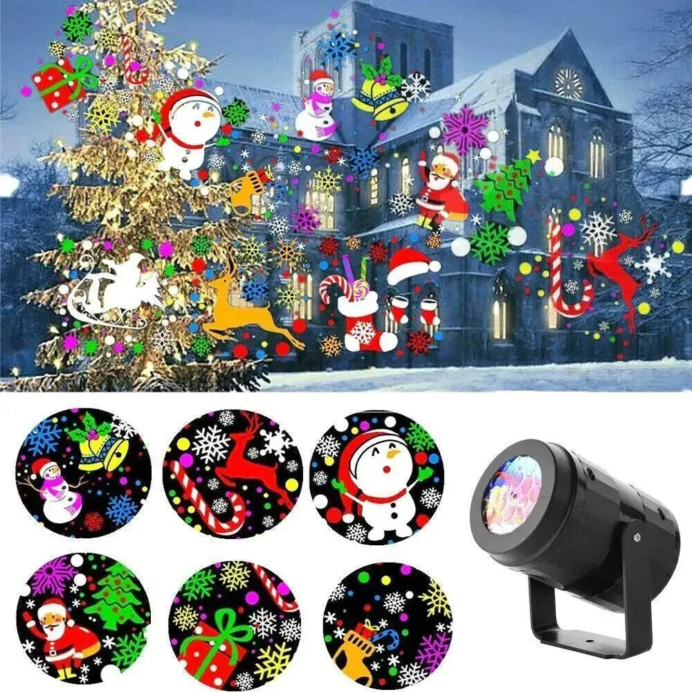 Christmas LED snowflake projector light showing rotating festive patterns for outdoor and indoor holiday decoration