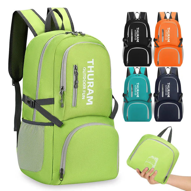 Dark blue folding outdoor backpack with straps, showing its large capacity and air pillow belt.