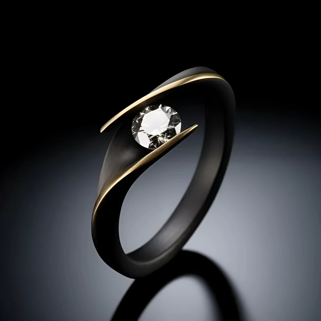 Minimalist retro diamond studded ring in gun black copper geometric shape unisex sizes No 6 to No 10