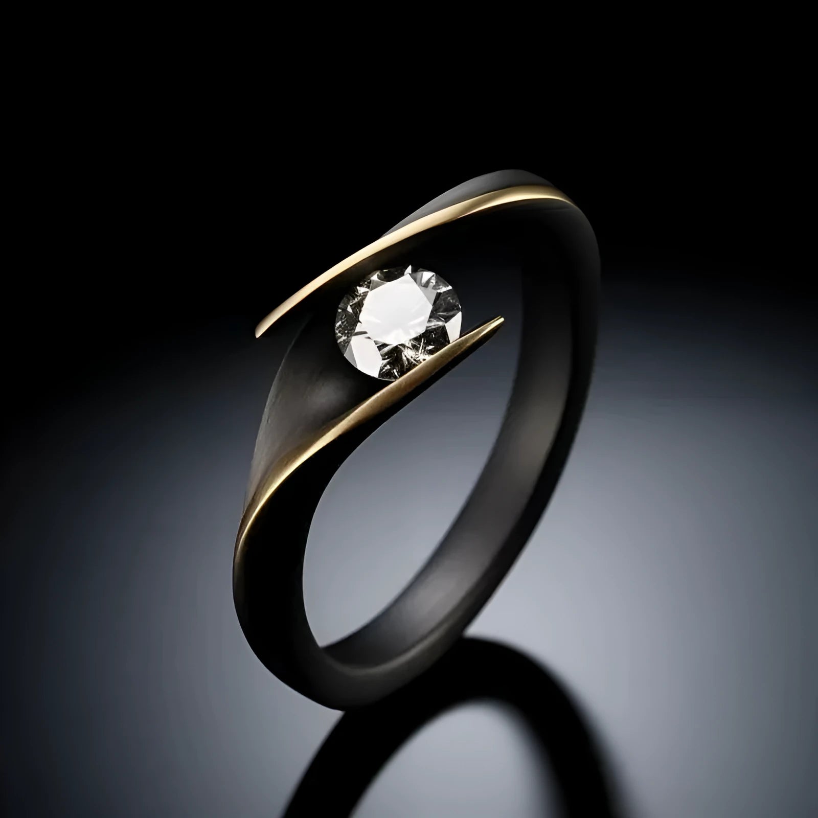 Minimalist retro diamond studded ring in gun black copper geometric shape unisex sizes No 6 to No 10