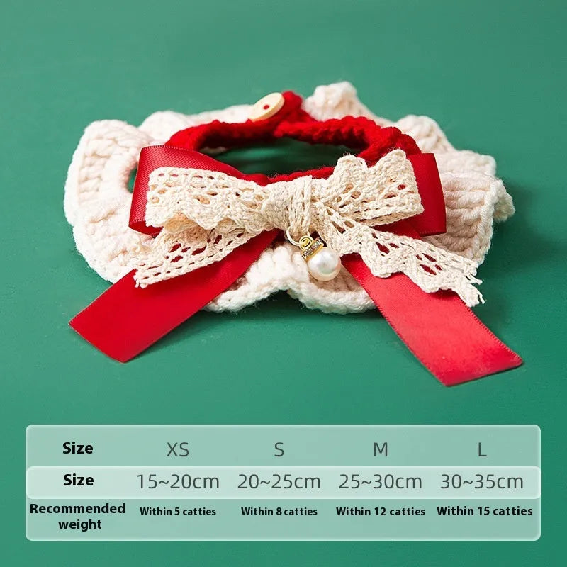 Hand-knitted Christmas cat collar in milk cotton yarn with festive bow design