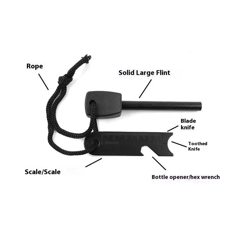 Black outdoor survival flint tool with magnesium rod and stainless steel scraper